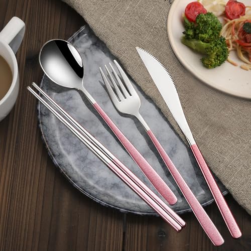 VANRA 4-Piece Portable Travel Utensils Set with Case 18/8 Stainless Steel Flatware Set Reusable Cutlery Set with Fork Spoon Knife Chopstick for Lunch Travel Camping School Work Picnic (Pink) by VANRA - Image 6