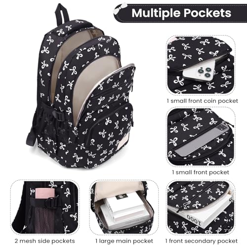 Image of Coquette Bow Backpack - Cute Kawaii Backpack Set Aesthetic Daypack Bow Rucksack (A03 Bow Black)