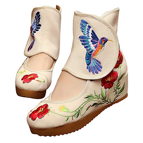 Qianmome Womens Hummingbird Floral Embroidery Comfort Sports Fashion Ankle Boots Canvas Shoes