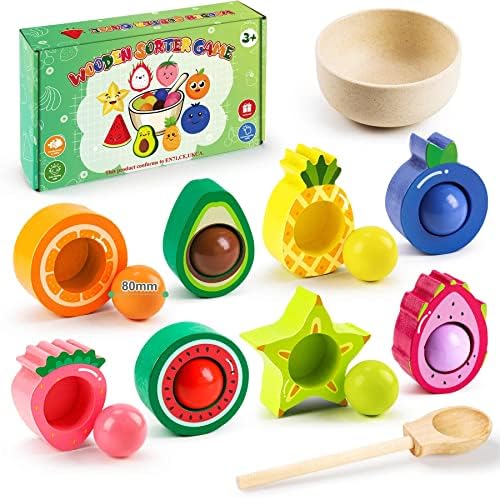 Montessori Toys for 2 Year Olds | Ball in Cup Game Colour Sorting Toys for Toddlers | Wooden Sorting Fruits Games | Wooden Play Food Sets Fine Motor Skills Kitchen Toys for 2 3 4 Year Old Boys Girls