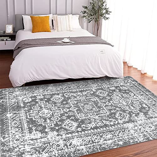 Pauwer Vintage Boho Area Rug 5'X 7', Non-Slip Distressed Area Rug Accent Throw Low Pile Rugs, Non-Shedding Madallion Floor Carpet For Bedroom Living Room Dining Home Office, Grey #TOP6