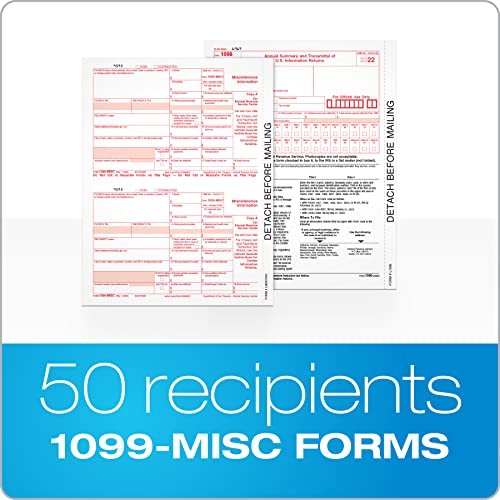 Adams 1099 Misc 2 Up Forms 2022, 5 Part 1099 Forms, Laser/Inkjet Tax Form Sets For 50 Recipients, Includes 3 1096 Forms (Txa22993Misc-22) #TOP1