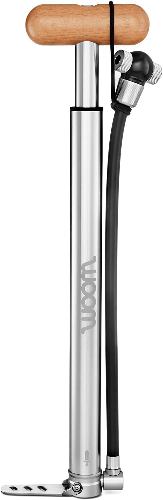 woom Airflo Small Bike Pump for Presta, Dunlop and Schrader Valves, Screw Thread, Mini Air Pump, Aluminium, Wooden Handle, Silver
