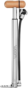 woom Airflo Small Bike Pump for Presta, Dunlop and Schrader Valves, Screw Thread, Mini Air Pump, Aluminium, Wooden Handle, Silver