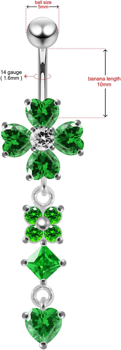 Clover Leaf with Square Flower and Heart Dangling Design 925 Sterling Silver with Stainless Steel Belly Ring - Belly Button jewelry - Navel jewelry