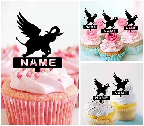 TA0573 Flying Elephant Silhouette Party Wedding Birthday Acrylic Cupcake Toppers Decor 10 pcs with Personalized Your Name