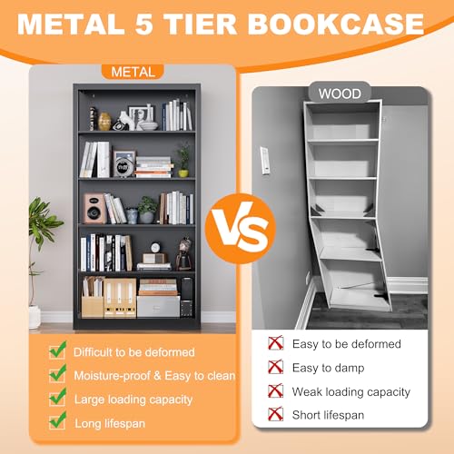 Image of VASAAOSD 55 inch Black Bookshelf, 5 Tier Adjustable Metal Bookcase | Adjustable Design, Anti-Tilt Device, Easy Assembly Toy Storage Organizer, for Bedroom, Study, Office, Classroom