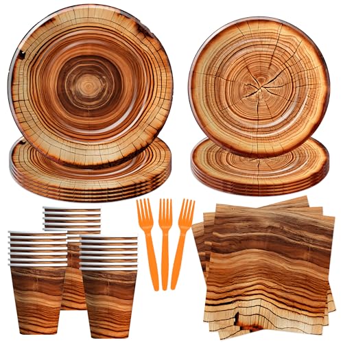 Xenorik Wood Grain Slice Paper Plates And Napkins Party Supplies, Serves 24