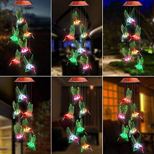 Topspeeder Color-Changing Led Solar Mobile Wind Chime Led Changing Light Color Waterproof Six Hummingbird Wind Chimes For Home Party Night Garden Decoration(Copper Board Hummingbird) #TOP6