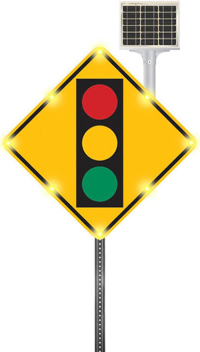 24" Solar Power Traffic Light Ahead Sign, Outdoor LED Reflective Film Signal Signs, Metal Aluminum Road Sign with Symbol