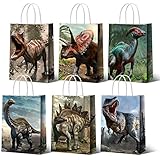 Dinosaur Gift Party Favor Bags Dino Treat Bags Dinosaur Paper Goodie Bags with Handles Jurassic Dinosaur Candy Goodie Bags for Kids' Birthday Decorations Party Supplies, 8.7 x 6.3 x 3.2 Inch (18 Pcs)