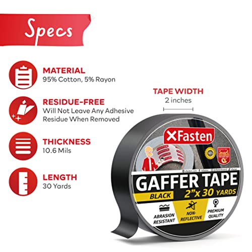 Xfasten Black Gaffers Tape 2 Inch X 30 Yards, No Residue Tape, Black Gaffer Tape Non-Reflective Matte Finish, Black Gaff Tape For Photography, Use Floor Tape For Electrical Cords #TOP1
