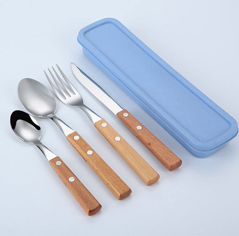 Forieru Tableware 304 Stainless Steel Cutlery 4 Piece Steak Knife Fork Spoon With Carrying Case Portable Travel Cutlery Set Wooden Handle Reusable Cutlery Designed For Families, Travel And Camping.