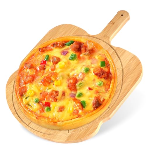 Image of Pizza Peel, Bamboo Pizza Board Pizza Paddle Spatula Oven Accessory with Handle, Wood Pizza Cutting Board for Homemade Baking Pizza Bread Cake Fruit Vegetables (10 Inch)