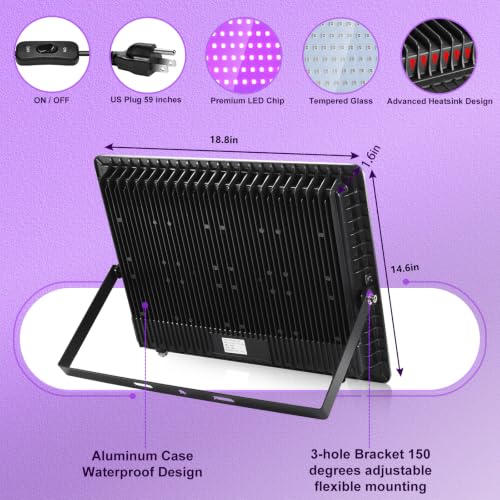 Image of XYCN 2 Pack 1200W LED Black Flood Lights, 395nm to 410nm Blacklight with Plug,Outdoor IP66 Waterproof for Glow in The Dark, Dance Party, Body Paint,Stage Lighting,Fluorescent Poster,Neon Glow