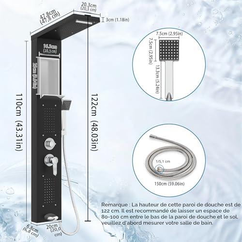 Colonne de douche en acier inoxydable avec étagère et hydromassage Aufun
