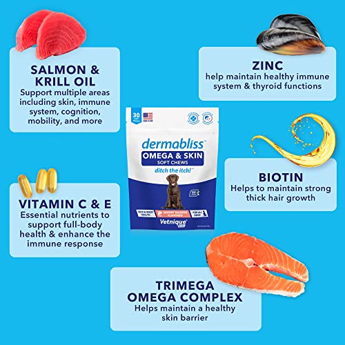 Vetnique Dermabliss Omega & Skin Supplement Chews For Dogs (60Ct) & Glandex Anal Gland Support Peanut Butter Soft Chews For Dogs (60Ct) Bundle #TOP5