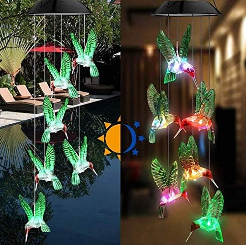 Solar Wind Chime 2 Pack Hummingbird and Butterfly Color Changing Solar LED String Lights Outdoor Mobile Hanging Patio Light
