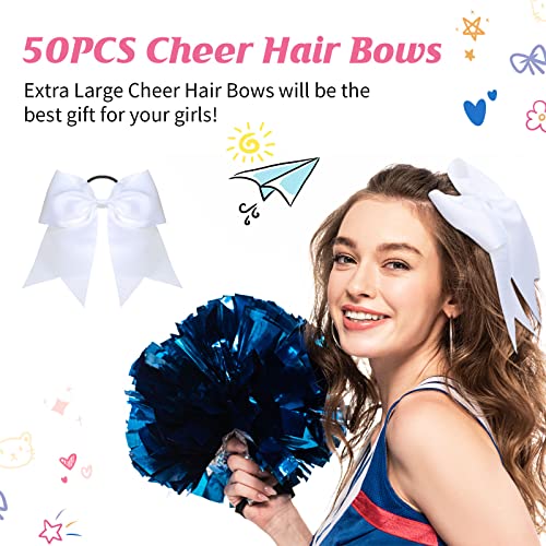 50 Pcs 8" Large Cheer Hair Bows Ponytail Holder Elastic Band Bow Hair Ties Hair Accessories Handmade For Cheerleading Teen Women Girls College Softball Sports Cheerleaders (White) #TOP6