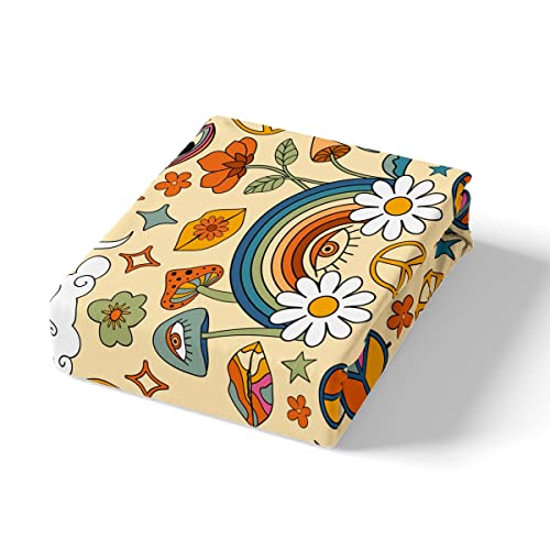 Retro 70S Hippie Style Duvet Cover Set King Size,Psychedelic Mushroom Comforter Cover With 2 Pillowcases Bedspread,Rainbow Floral Stars Moon Microfiber Quilt Cover For Adult Women,3Pcs #TOP3