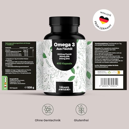 Omega 3 Kapseln Hochdosiert - 400 Kapseln mit 2000mg - EPA 360mg & DHA 240mg Fischöl pro Tagesportion - Omega 3 Fettsäuren Kapseln, produziert in Deutschland Laborgeprüft - Verpackung kann variieren