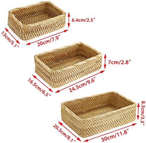 IGNPION Set of 3 Rectangular Rattan Woven Fruit Basket Bread Serving Baskets Snack Storage Bowls Table Desktop Countertop Decorative Display Storage Baskets