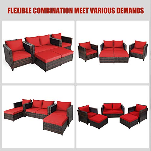 Tangkula 5 Pieces Patio Furniture Set, Outdoor Rattan Sofa Set W/Removable Cushions, Wicker Loveseat W/Single Sofa And Ottoman, Sectional Sofa Conversation Set For Backyard, Garden, Poolside (Red) #TOP4