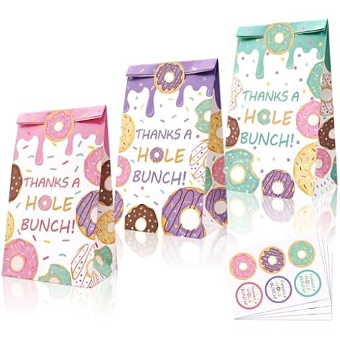 Levfla 24 PCS Donut Candy Bags Sprinkles Goodie Bags Thanks A Hole Bunch Stickers Sweet Doughnut Favor Ideas Kids Birthday Party Bash Decoration Supplies Cover