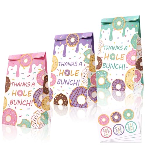 24 PCS Donut Candy Bags Sprinkles Goodie Bags Thanks A Hole Bunch Stickers Sweet Doughnut…
