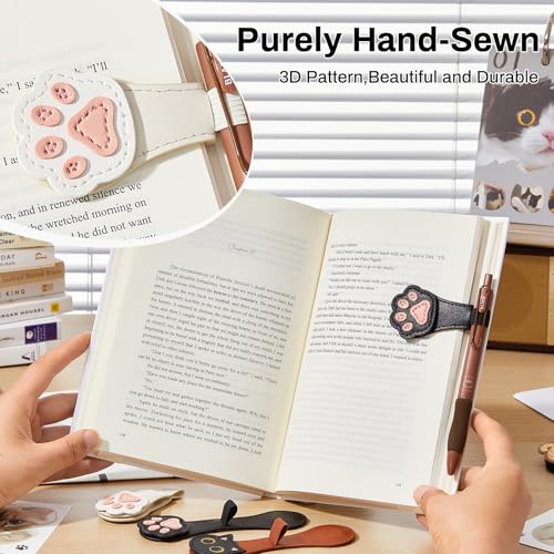 2Pcs Magnetic Bookmarks with Gift Box Magnetic Pen Holder for Notebook Cat Book Marks Clip Gift for Book Lover Readers Cute PU Leather Bookmark for Women, Paw (White+Black) — view 4
