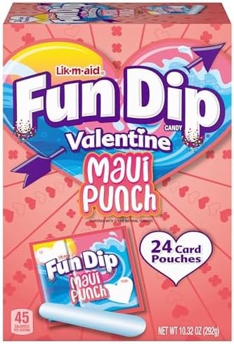 Lik-M-Aid Fun Dip Valentines Day Candy Friendship Exchange Maui Punch, 10.32 oz, 24 Pouches
