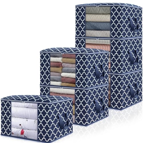 WISELIFE Storage Bags, Large Blanket Clothes Organization and Storage Containers for Bedding, Comforters, Foldable Organizer with Reinforced Handle, Clear Window,Sturdy Zippers,(Blue, 6 x 100L)