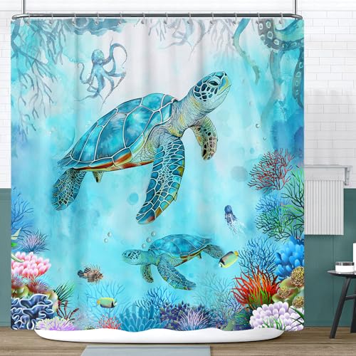 Sea Turtle Shower Curtain - Blue Ocean Underwater Marine Life With Octopus, Fish, Coral - Coastal Nautical Bathroom Decor - Hooks Included 72"X72" Blue