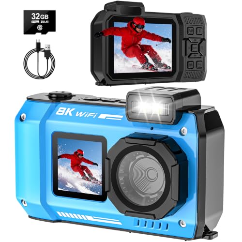 UHD 8K 70MP Floatable Underwater Camera, 33FT WiFi Waterproof Digital Camera Auto Focus Dual-Screen Selfie, 18X Zoom 2500mAh Battery with 32GB Card for Snorkeling by SPUNALP - Used condition - US$85.49