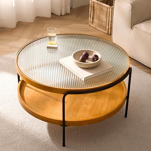 Couchtisch Rund, Wohnzimmertisch Rund, Couchtisch Rund mit Stauraum, 2-Tier Couchtisch Runder Holz aus Glas, Coffee Table mit Metallgestell,Ø76x45cm (SchwarzLonghorn-Glas, Schwarz Tischbeine) Couchtisch Rund, Wohnzimmertisch Rund, Couchtisch Rund mit Stauraum, 2-Tier Couchtisch Runder Holz aus Glas, Coffee Table mit Metallgestell,Ø76x45cm (SchwarzLonghorn-Glas, Schwarz Tischbeine)