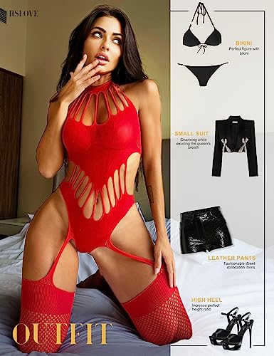 Foto de RSLOVE Lencería sexy de malla para mujer, medias sin pies, sin mangas, de encaje, cuello halter, pantimedias de una pieza (imagen 6)