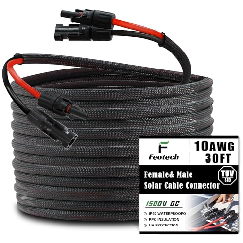 Feotech Twin Wire 30FT Solar Extension Cable - 10AWG (6mm²) Solar Panel Connector, with 6 Pairs-IP67-Male/Female Solar connectors for Outdoor Automotive RV Boat Marine Solar Panel- Black & Red