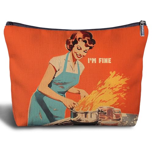 Zomhix I'm Fine Funny Cooking Kitchen Makeup Bag - Retro Mid Century Modern Decorative Cosmetic Bag Gifts for Women Mom