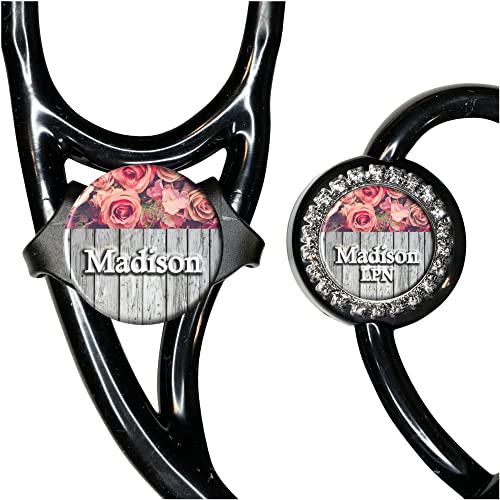 Personalized Pink Roses Stethoscope ID Tag - Adjustable Id Name Plate Label Nurse, Doctor Gift