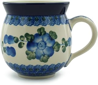 Authentic Polish Pottery Bubble Mug 12 oz in Blue Poppies Design Handmade in Bolesławiec Poland by Ceramika Artystyczna + Certificate of Authenticity - Buy now