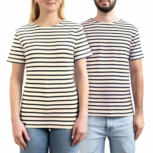 Image of Breizh Ocean - Unisex T Shirt for Man or Woman - XS to 4XL - French Creation GARLAN - Short-Sleeve Striped Mens T Shirt - Organic Cotton Mens Shirts - Womens Top and Men Tops Ecru/Navy