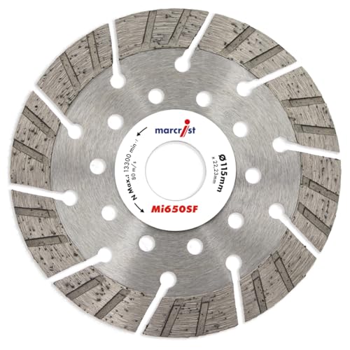 Image of Marcrist MI650SF Diamond Cutting Disc 115mm x 22.23mm - Turbo Segmented Concrete Cutting Disc for Angle Grinder - 15mm Segments - Dry Cutting - Professional Grinder Blades 15915