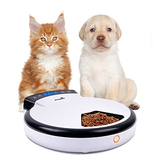 BOSSJOY Automatic Pet Feeder with Voice Reminding, Electronic Food Dispenser 5-Meal for Dogs Cats for Dry &Wet Food
