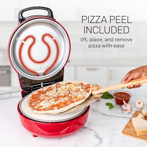 Homecraft Stone Baked Pizza Oven – 12in Woodfired Style Indoor Electric Countertop Pizza Maker – Ceramic Stone & Stainless Steel Peel – Variable Temp Control to 750°F – Homemade Pizza in Minutes-Red by Nostalgia - Image 5