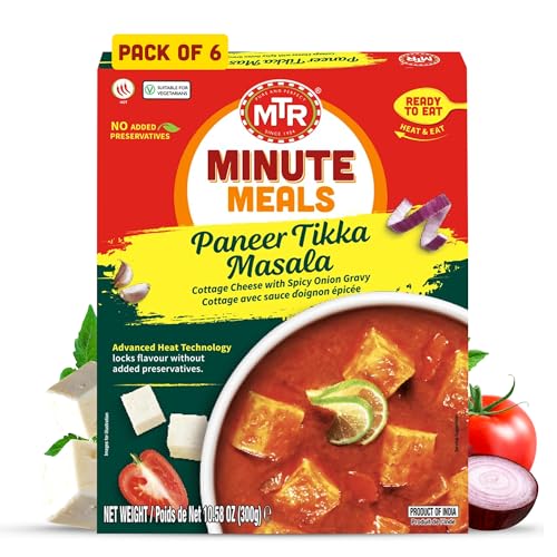 MTR - Minute Meals: Paneer Tikka Masala - Cottage Cheese with Spicy Onion Gravy - Tasty Indian Meal with No Added Preservatives - A Quick Meal Suitable for Vegetarians, Ready in Minutes! (Pack of 6)