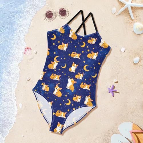 Dog Moon Pattern Girls One Piece Swimsuits Summer Quick Dry Beach Bathing Suit3