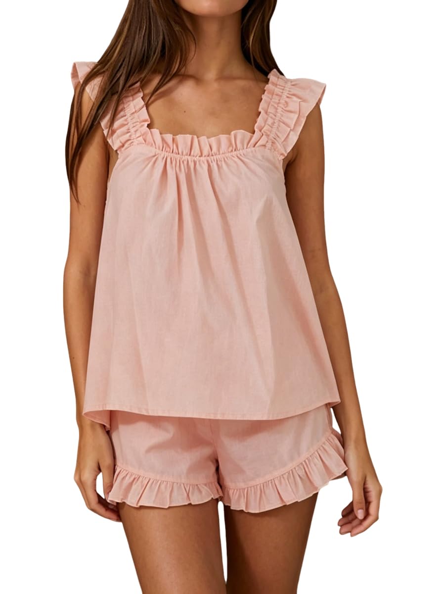 Women's Summer Pajama Set Cotton Ruffle Loungewear Sets | 2 Piece Outfits for Women, Lightweight Breathable Cotton, Relaxed Fit, for Bridesmaid, Party, Vacation &amp; Daily Wear, S-XXL