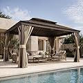 LAUSAINT HOME 12'x16' Hardtop Gazebo Double Galvanized Steel Roof, Permanent Aluminum Frame Outdoor Pavilion with Netting & Curtain, Waterproof Heavy Duty Gazebo for Patio, Backyard, Lawn & Deck
