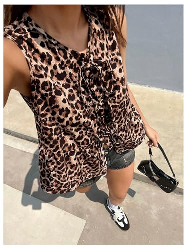 GORGLITTER Women's Cheetah Print Top Sleeveless Bow Tie Front Peplum Babydoll Vest Tops Going Out Blouse Shirt3