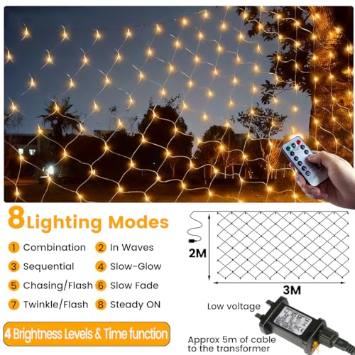Net Lights Outdoor, 208 LED 3M x 2M Mesh Fairy Lights Plug In Christmas Net Lights with Remote Timer, 8 Modes Waterproof Outdoor Christmas Lights for Garden, Windows, Fence, Tree, Balcony Decorations - Image 4